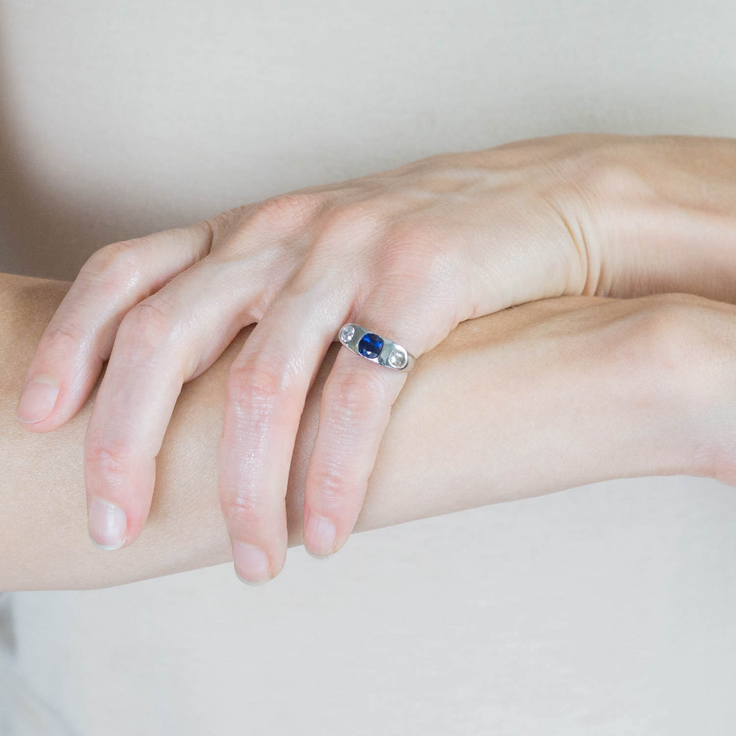 Edwardian Platinum 1.35ct Sapphire & Mine Cut Diamond Gypsy Ring