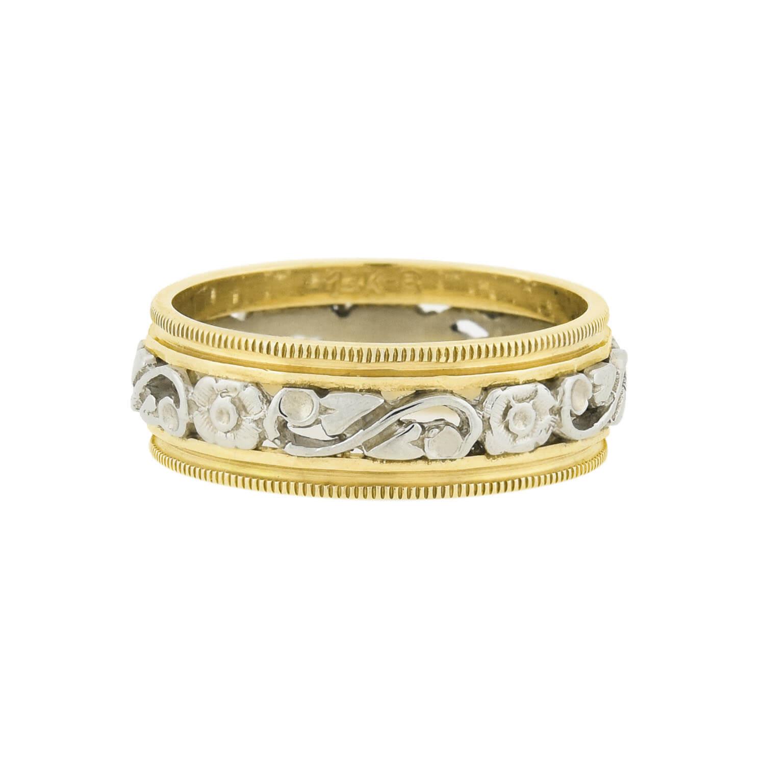 Retro 14kt Yellow + White Gold Mixed Metals Carved Floral Band