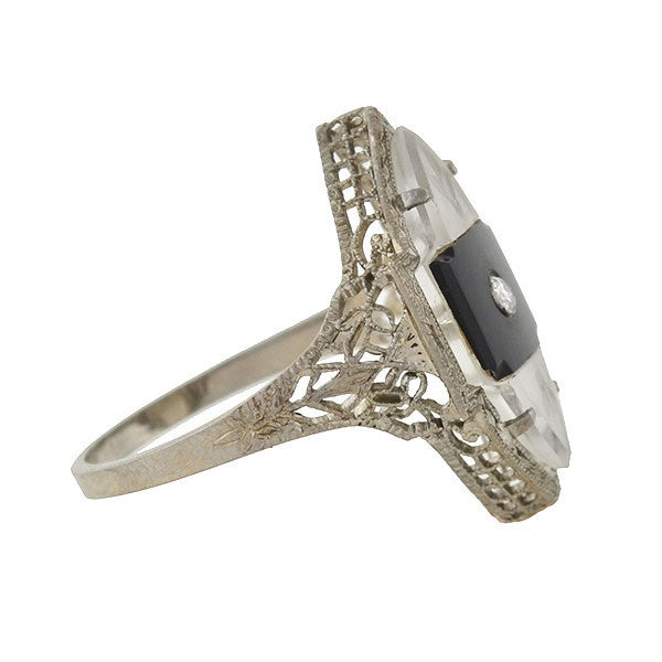 Art Deco 14kt Rock Quartz, Onyx & Diamond Filigree Navette Ring