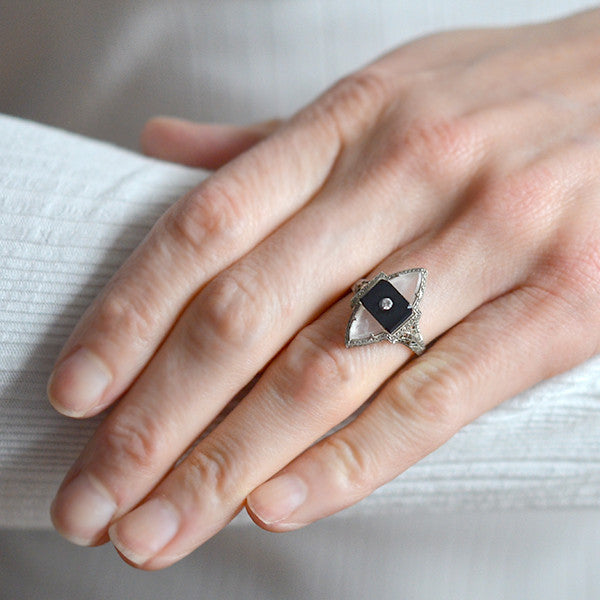 Art Deco 14kt Rock Quartz, Onyx & Diamond Filigree Navette Ring