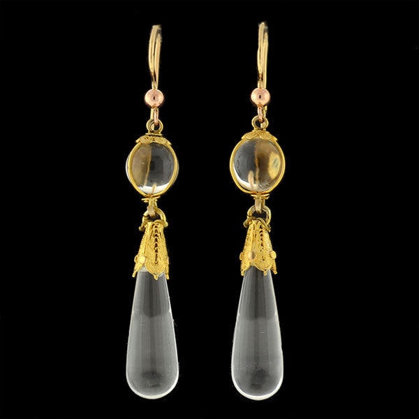 Victorian 14kt Rock Quartz Crystal Teardrop Earrings