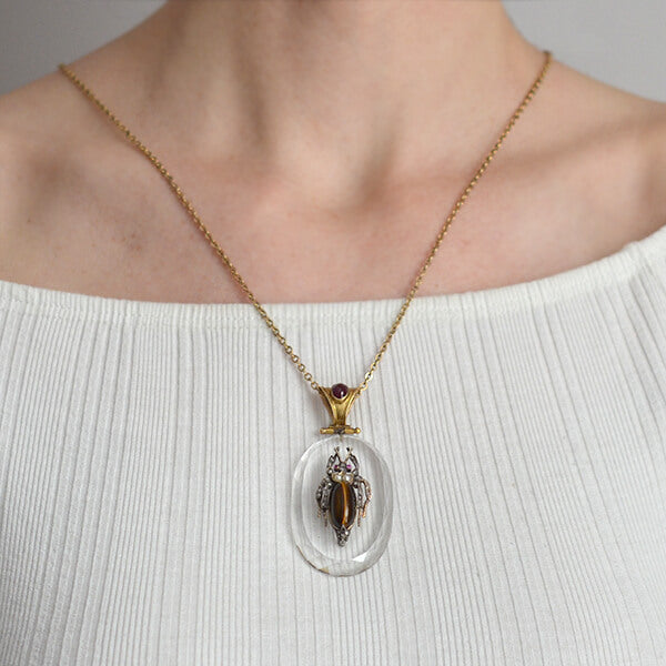 Victorian Large 18kt Rock Crystal, Diamond, Garnet + Tiger Eye Bug Pendant