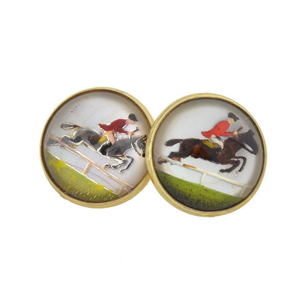 Art Deco 14kt Reverse Carved Crystal Equestrian Cufflinks