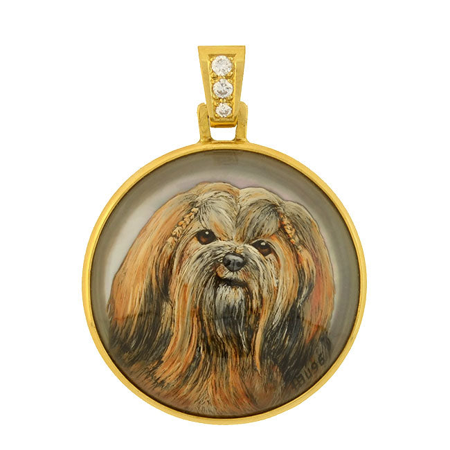 H. BUSSMER Vintage 18kt Reverse Carved Rock Crystal Shih Tzu Dog Pendant