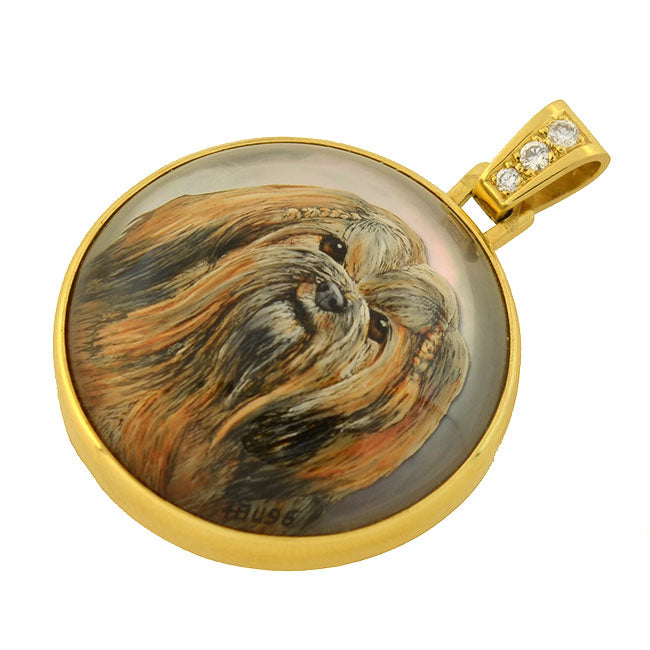 H. BUSSMER Vintage 18kt Reverse Carved Rock Crystal Shih Tzu Dog Pendant