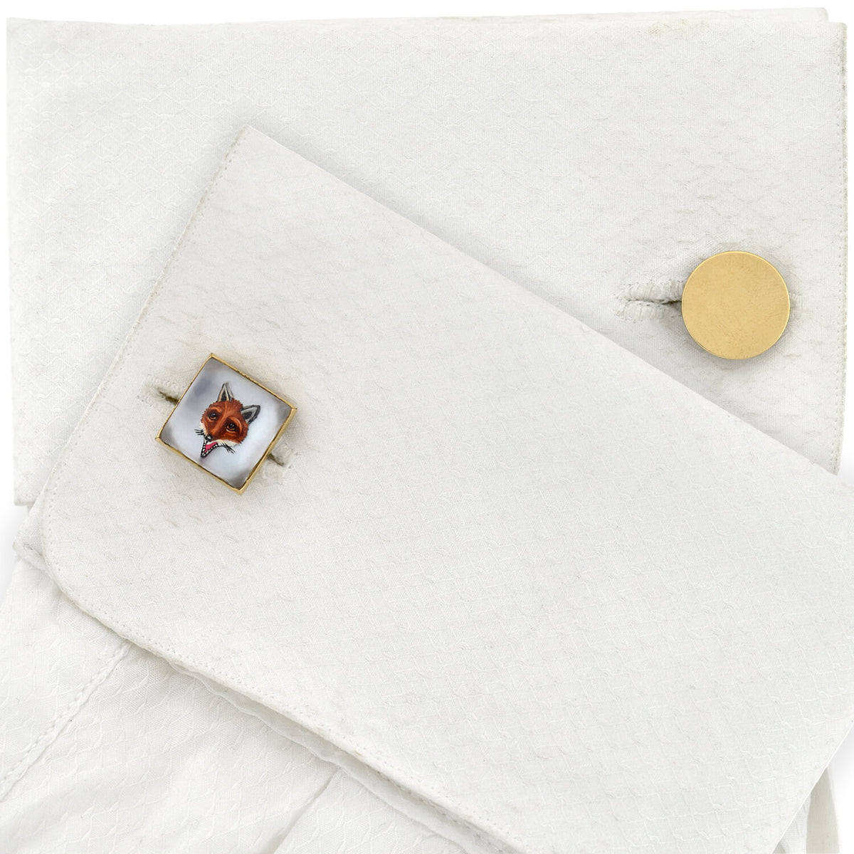 Retro 14kt Painted Reverse Carved Rock Crystal Fox Cufflinks
