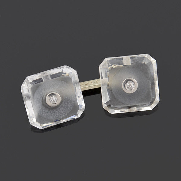 Art Deco 14kt Rock Quartz Crystal & Diamond Cufflinks