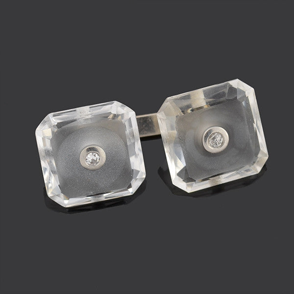 Art Deco 14kt Rock Quartz Crystal & Diamond Cufflinks