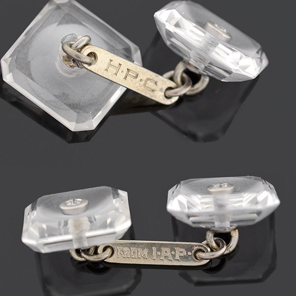 Art Deco 14kt Rock Quartz Crystal & Diamond Cufflinks