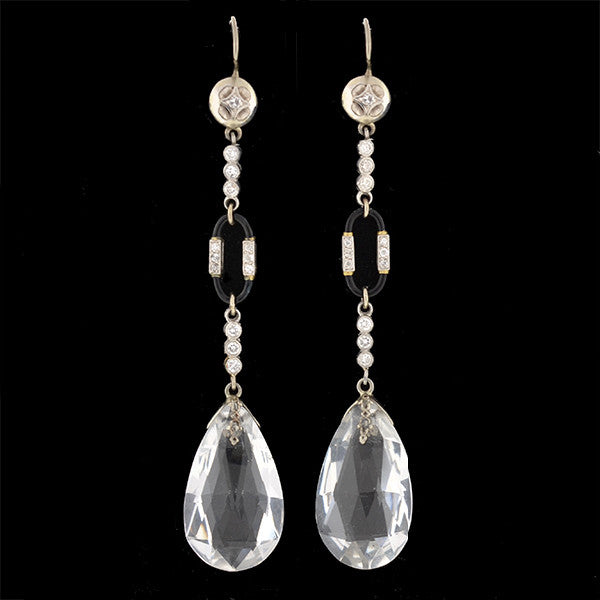 Art Deco 14kt Rock Quartz Crystal & Diamond Earrings