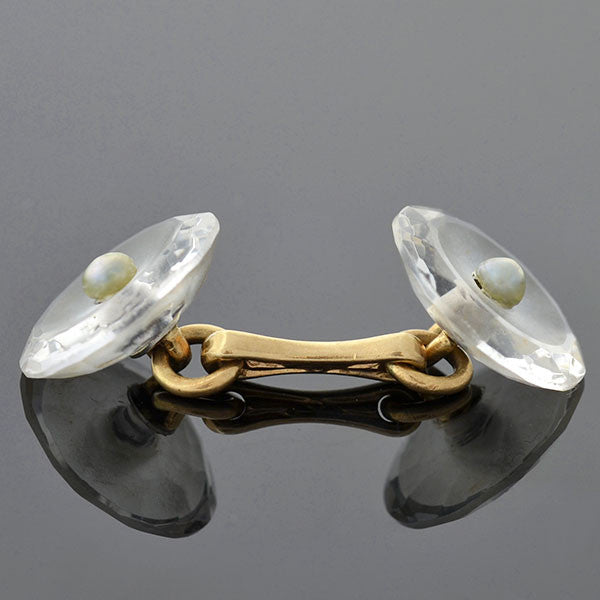 LARTER & SONS Art Deco 14kt Rock Crystal & Pearl Cufflinks