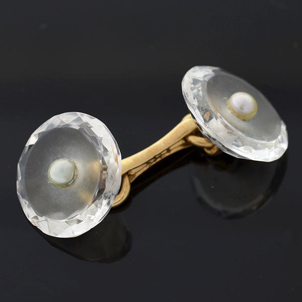 LARTER & SONS Art Deco 14kt Rock Crystal & Pearl Cufflinks