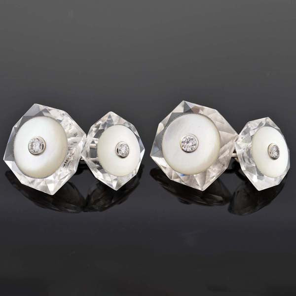 Art Deco 14kt Rock Quartz, Mother of Pearl & Diamond Cufflink Set