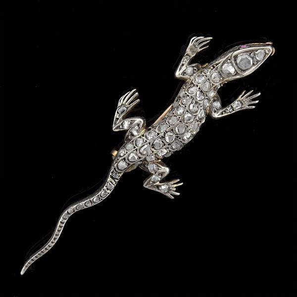 Victorian 18kt Sterling Rose Cut Diamond Salamander Pin 1ctw