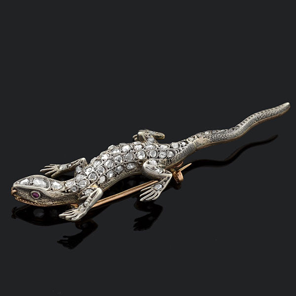 Victorian 18kt Sterling Rose Cut Diamond Salamander Pin 1ctw