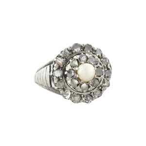 Georgian Sterling Rose Cut Diamond + Pearl Double Halo Cluster Ring