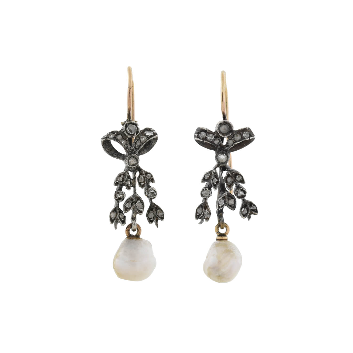 Victorian S/S 14kt Rose Cut Diamond + Pearl Earrings