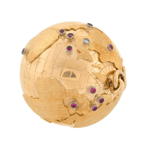 Vintage 18kt Gold Ruby & Diamond Globe Charm Pendant