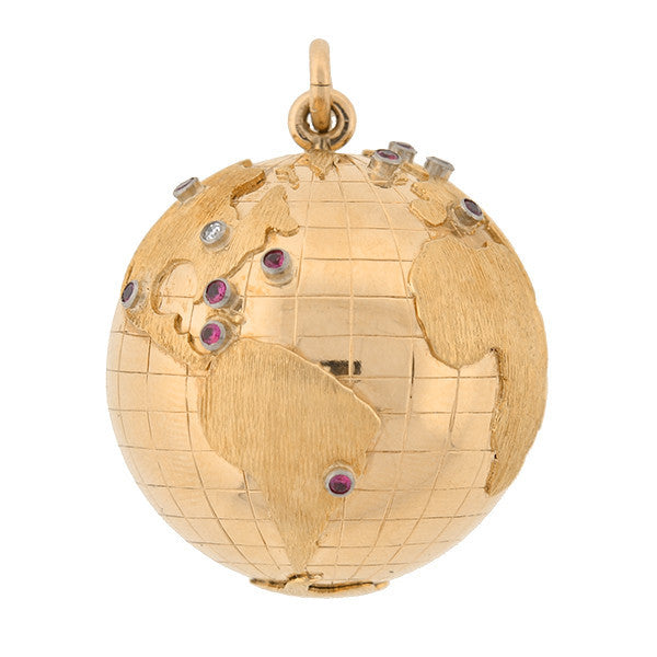 Vintage 18kt Gold Ruby & Diamond Globe Charm Pendant