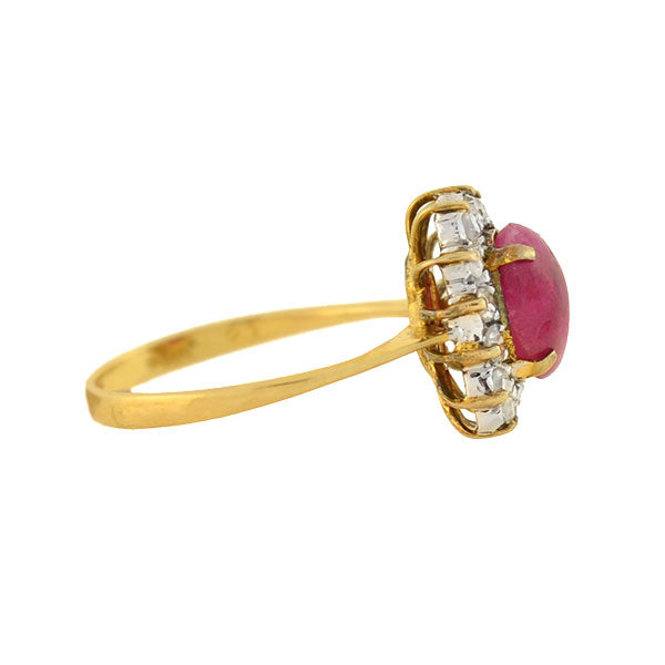 Late Art Deco 14kt 1ctw Ruby Cabochon Diamond Cluster Ring