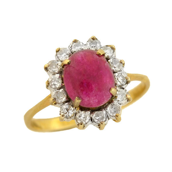 Late Art Deco 14kt 1ctw Ruby Cabochon Diamond Cluster Ring