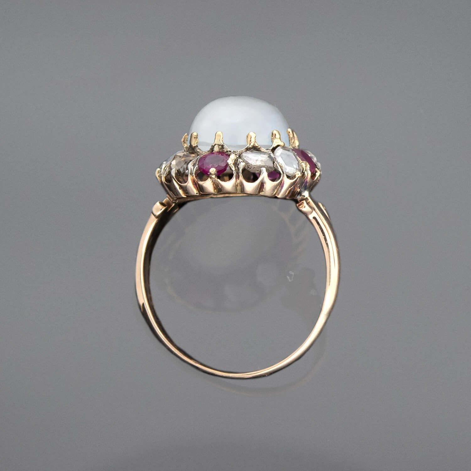 Victorian 18kt/Sterling Moonstone, Ruby + Rose Cut Diamond Cluster Ring