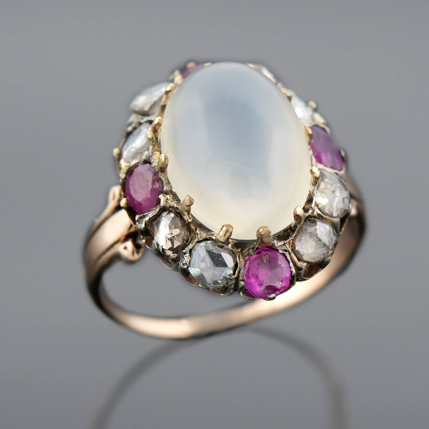 Victorian 18kt/Sterling Moonstone, Ruby + Rose Cut Diamond Cluster Ring