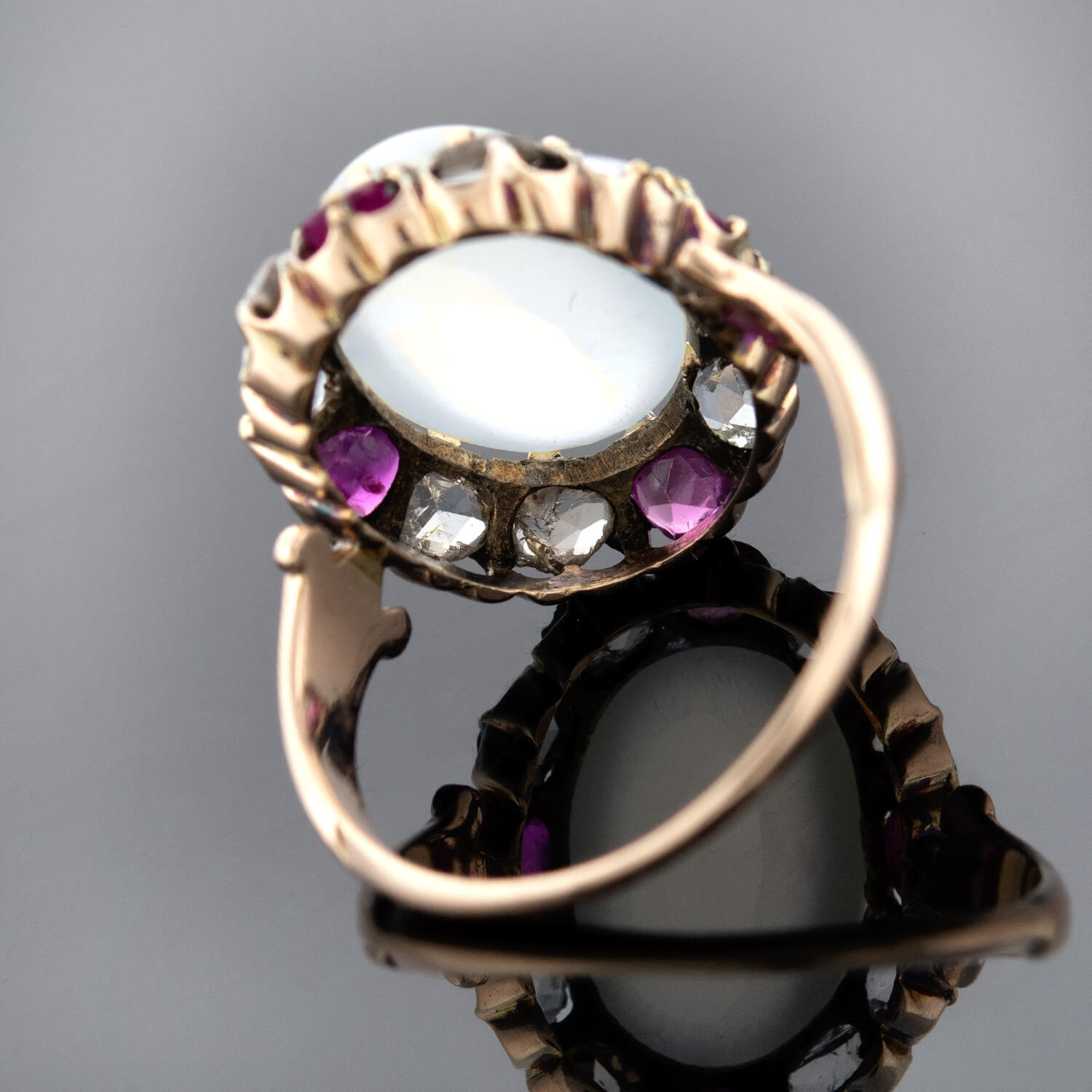 Victorian 18kt/Sterling Moonstone, Ruby + Rose Cut Diamond Cluster Ring