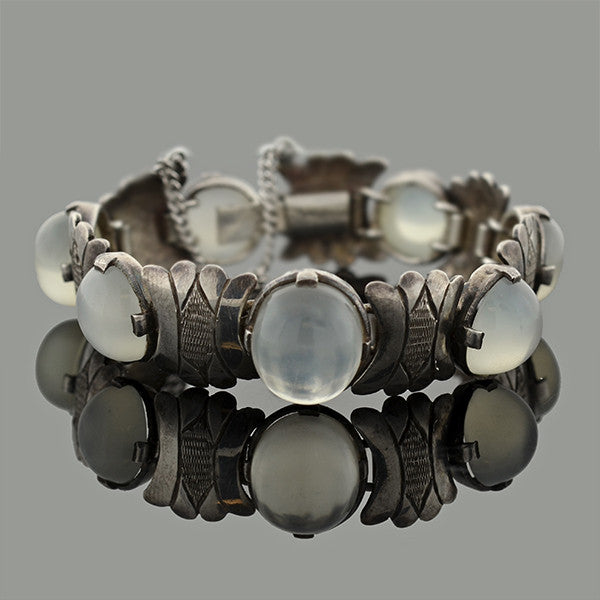 Art Deco Sterling & Moonstone Engraved Link Bracelet