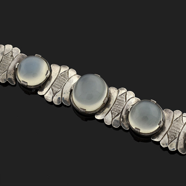 Art Deco Sterling & Moonstone Engraved Link Bracelet