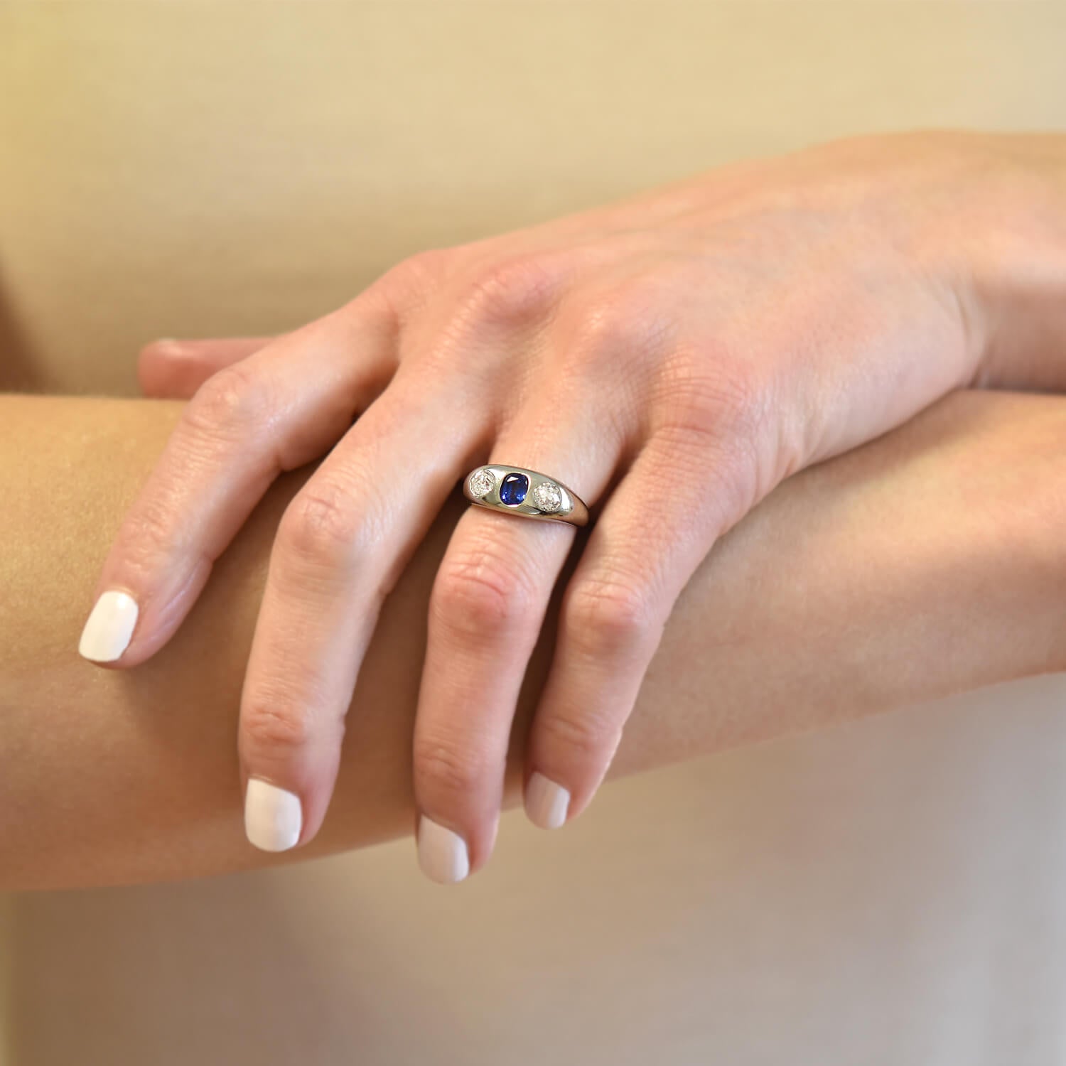 Edwardian Platinum Sapphire + Mine Cut Diamond 3-Stone Ring