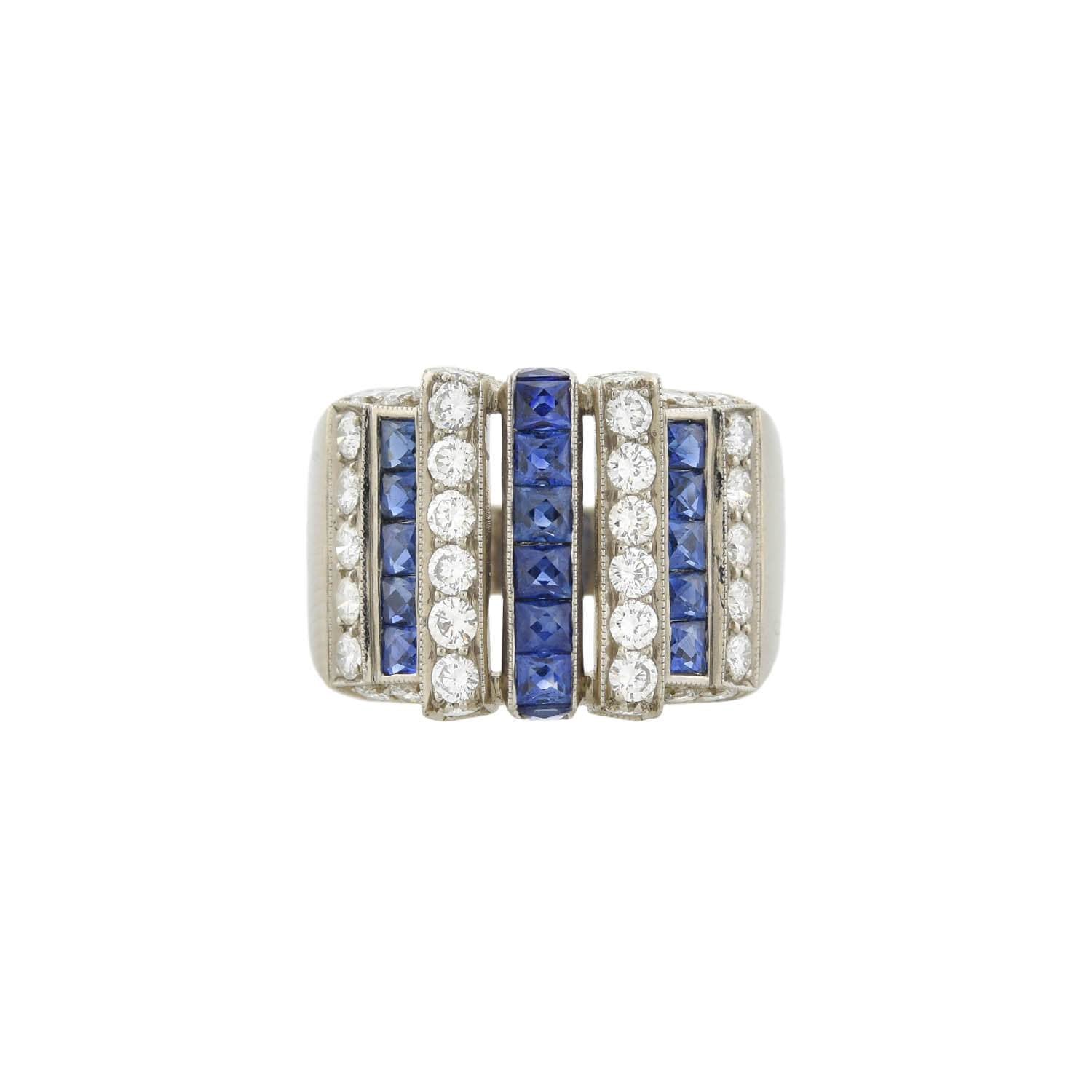 Art Deco 18kt Diamond + Sapphire Row Ring