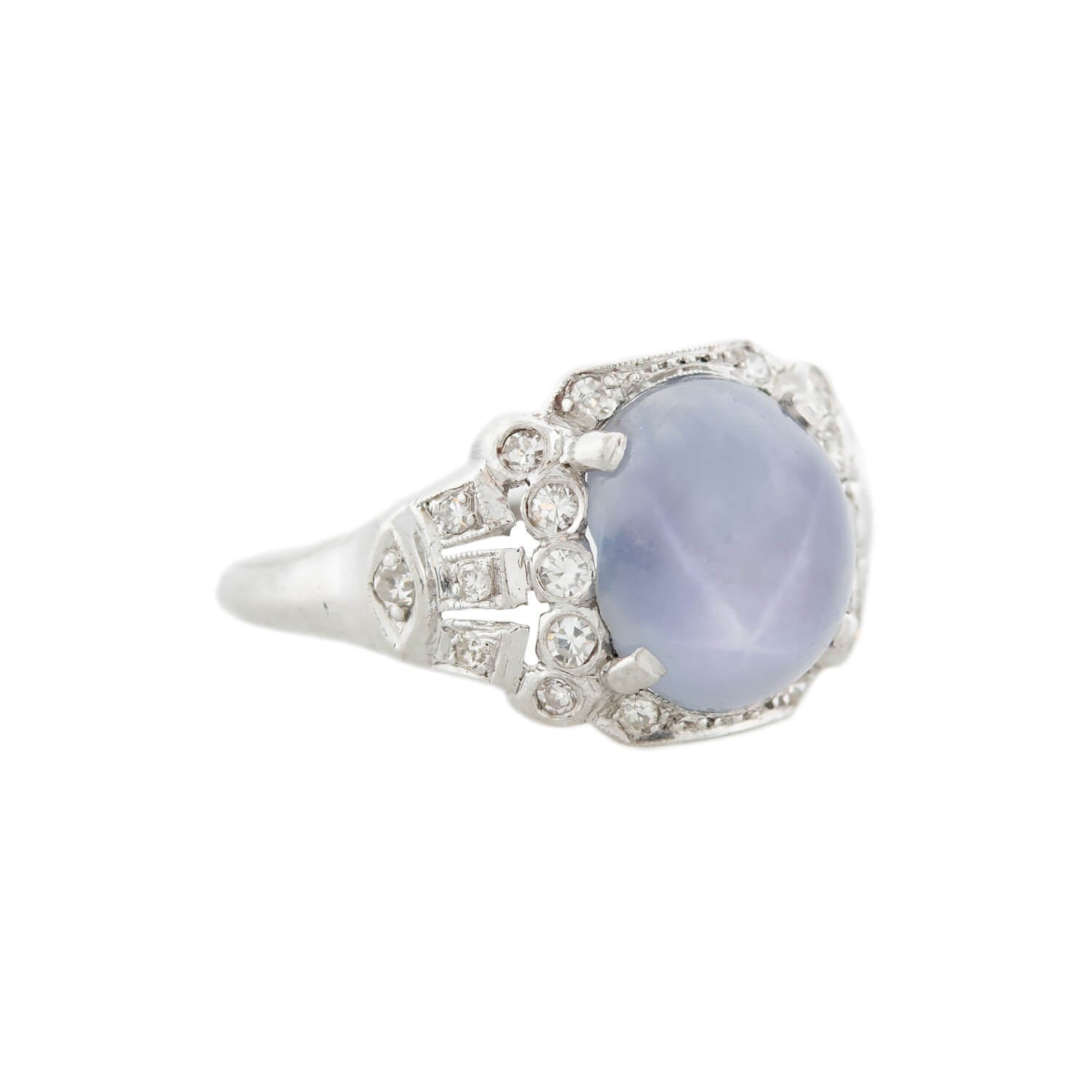 Art Deco Platinum 3.0ct Star Sapphire Cabochon + Diamond Ring