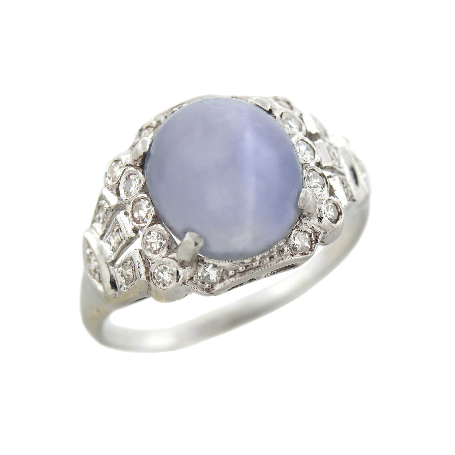 Art Deco Platinum 3.0ct Star Sapphire Cabochon + Diamond Ring