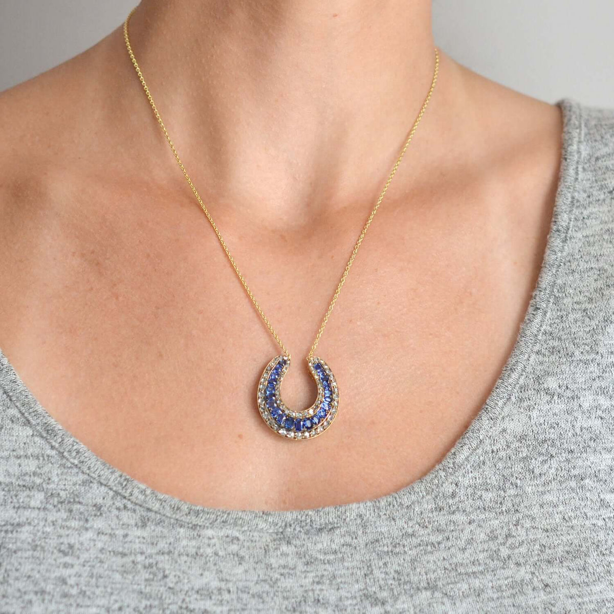 Victorian Large 18kt Sapphire + Rose Cut Diamond Horseshoe Pendant Necklace