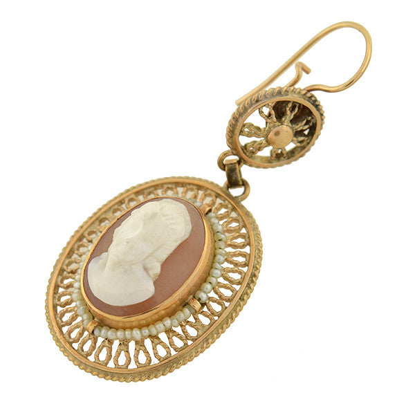 Victorian 14kt Shell Cameo & Seed Pearl Wirework Earrings