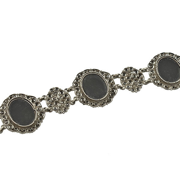 Victorian Silver Pietra Dura Floral Filigree Link Bracelet