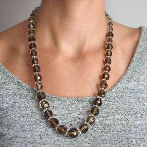 Art Deco Smoky Topaz + Rock Quartz Crystal Faceted Bead Necklace