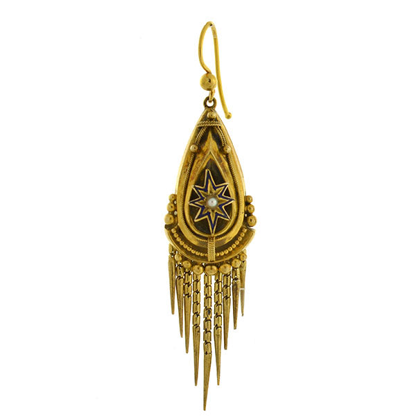 Victorian 15kt Pearl Enameled Starburst Foxtail Fringe Earrings