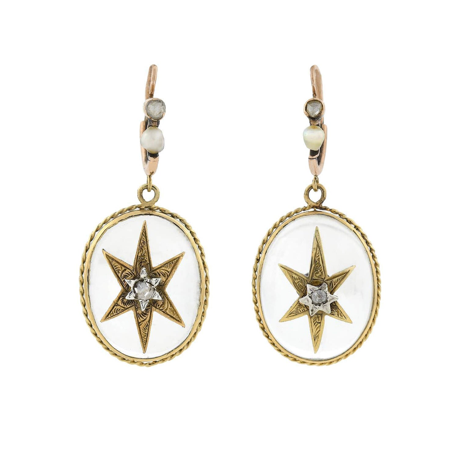 Victorian 15kt Rock Crystal, Diamond + Pearl Star Motif Earrings