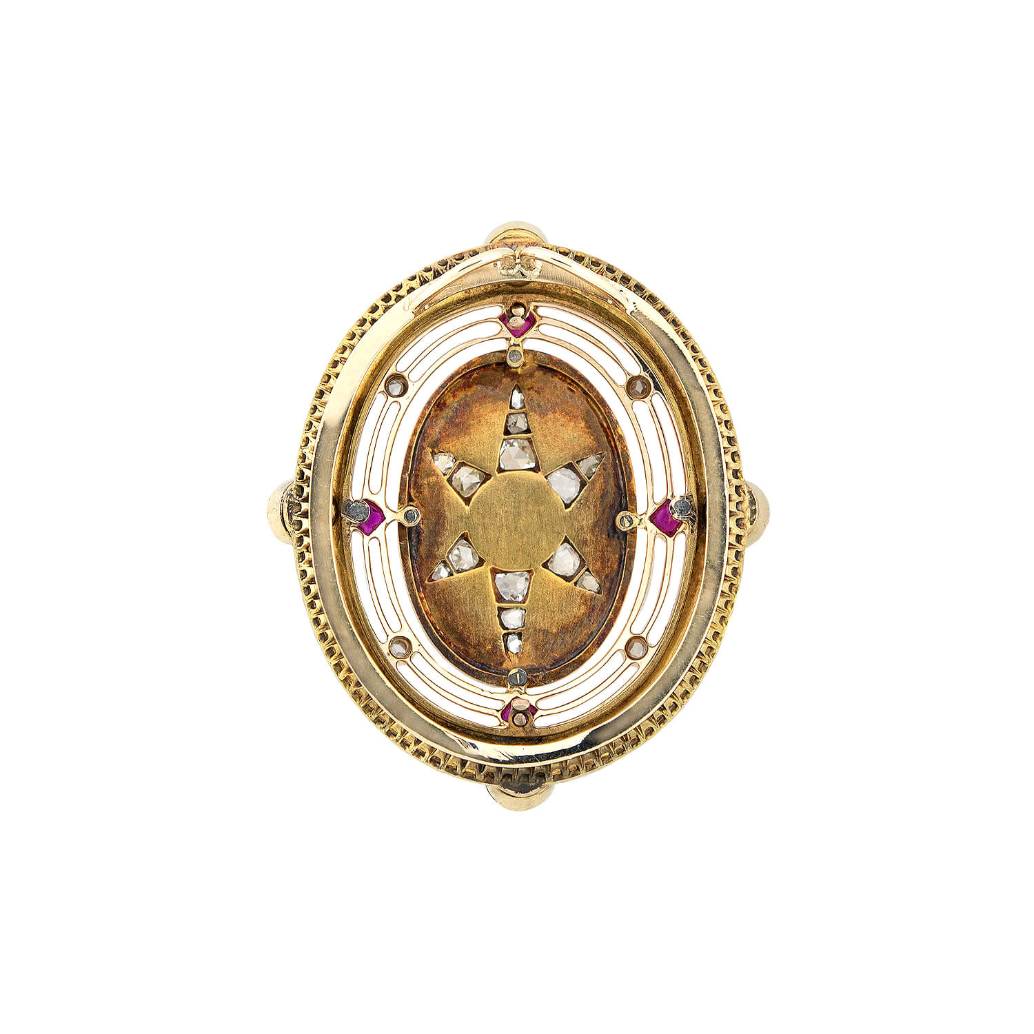 Victorian 14kt Mixed Metals Diamond, Ruby + Pearl Starburst Pendant