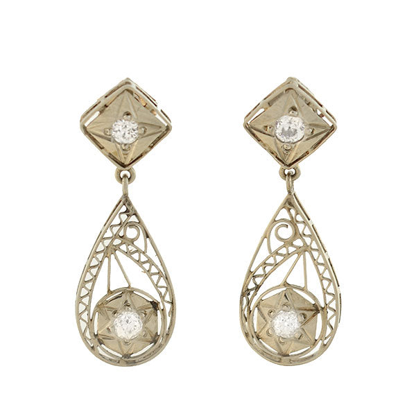 Art Deco 14kt Diamond + Starburst Filigree Teardrop Earrings