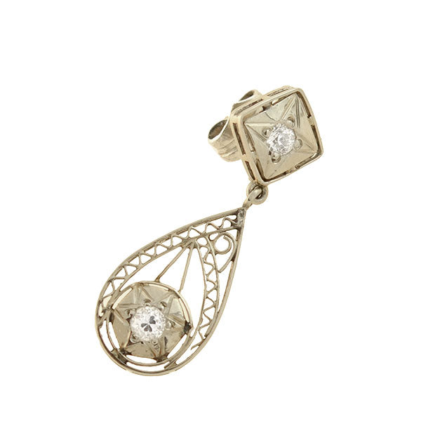 Art Deco 14kt Diamond + Starburst Filigree Teardrop Earrings