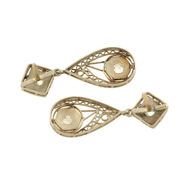 Art Deco 14kt Diamond + Starburst Filigree Teardrop Earrings