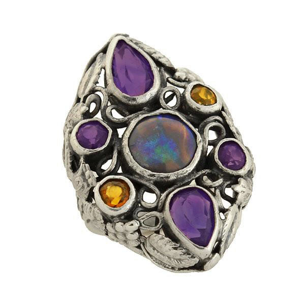 Early Retro Large Sterling Multi Gemstone Cluster Ring