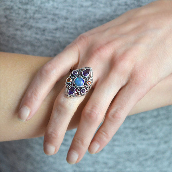 Early Retro Large Sterling Multi Gemstone Cluster Ring