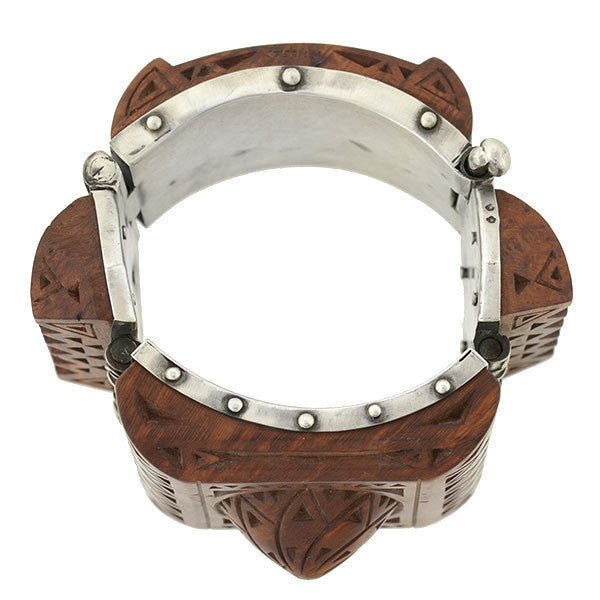 H. KLEISS Art Deco Sterling & Carved Wood Bracelet