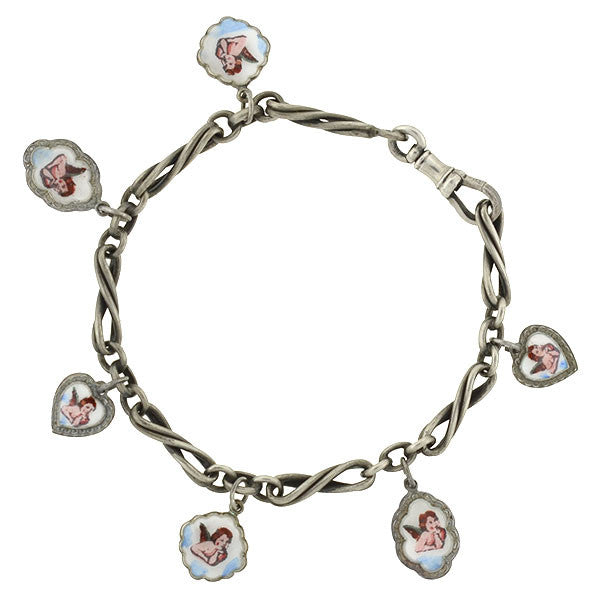 Victorian Silver & Enamel Cherub Charm Bracelet