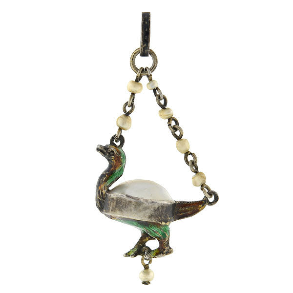 Victorian Sterling Pearl & Enamel Bird Pendant