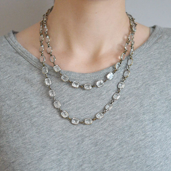 Art Deco Long Silver Faceted Crystal Necklace 43"